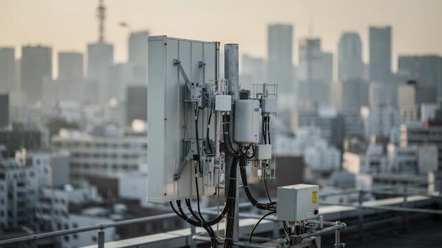 Medium shot of a smart antenna array with focused main panel and blurred city skyline illustrating advanced beamforming in dense urban environments for optimal signal coverage.