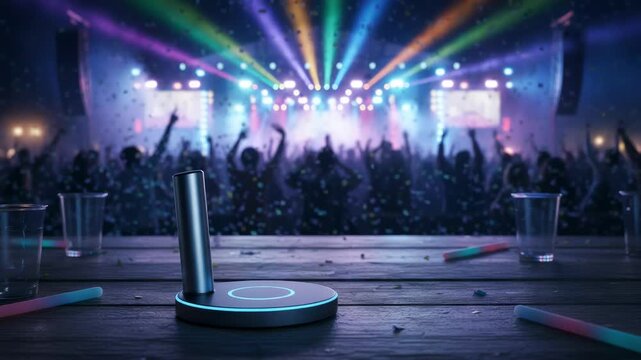 Medium shot of a wireless hotspot device on a table at an outdoor concert with blurred festival crowd in the background and vibrant stage lights creating a lively atmosphere.