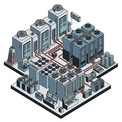 Isometric Data Center Illustration with Servers and Cooling Systems.
