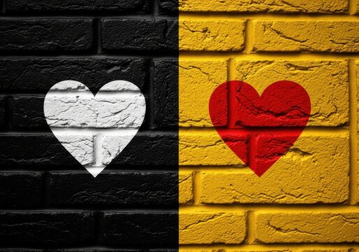 Red and White Hearts on Split Black and Yellow Brick Wall - Symbol of Love, Unity, and Contrast