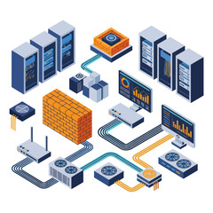 Obraz premium Isometric Network Infrastructure - Servers, Routers, and Data Flow.