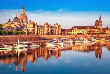 Fototapeta premium Historic Dresden city skyline with baroque architecture and old town buildings along the Elbe River in Saxony, Germany, scenic European cityscape and popular travel destination with cultural heritage 