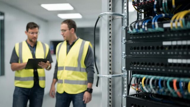 Focused view of a nearly updated telecom rack featuring newly installed patch panels neatly arranged with installers blurred in the background.