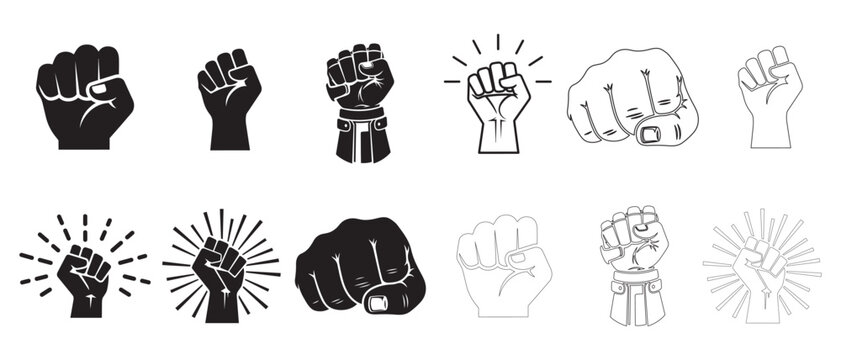 Collection of raised fists in various styles and line art designs for protest or power