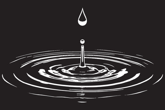 This is a vector illustration of a single, stylised water droplet falling into water. Concentric circular ripples are expanding outwards.