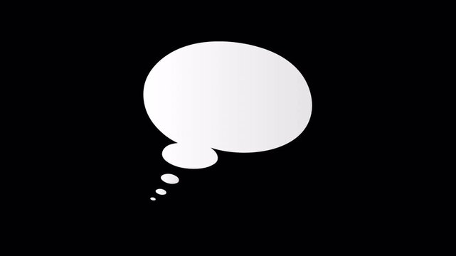 Dynamic thought bubble animation on black background with alpha channel. Clean comic style text bubble for captions, dialogue, ideas, or message overlays in motion graphics and video editing.