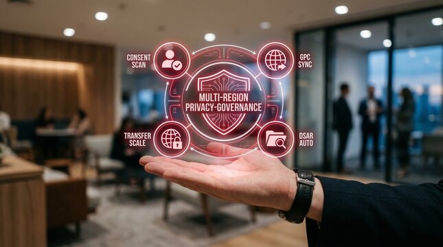 Businessman presenting multi-region privacy governance concept with icons