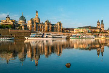 Fototapeta premium Historic Dresden city skyline with baroque architecture and old town buildings along the Elbe River in Saxony, Germany, scenic European cityscape and popular travel destination with cultural heritage 