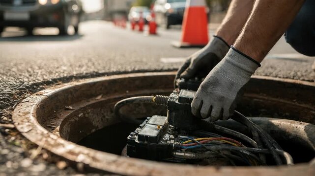 Manhole access inspection in progress on a sunlit street focusing sharply on the workers gloved hands and splice closures while distant vehicles and cones fade into soft blur.