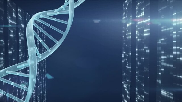 Animation of dna rotating over blue background with data processing