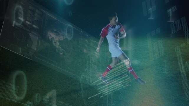 Animation of data processing and binary coding over caucasian football player on football pitch