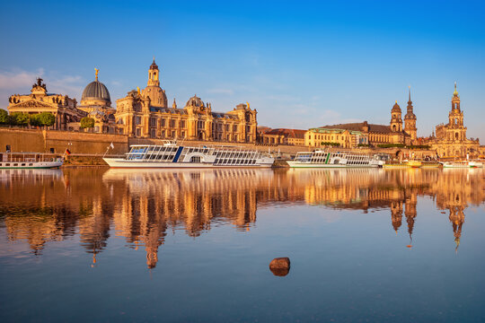 Historic Dresden city skyline with baroque architecture and old town buildings along the Elbe River in Saxony, Germany, scenic European cityscape and popular travel destination with cultural heritage 