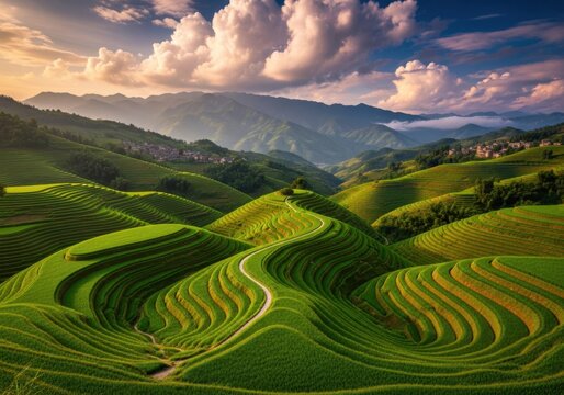 Lush Green Rice Terraces Spreading Across Rolling Hills at Sunset, Sustainable Agriculture and Scenic Travel Destination Landscape