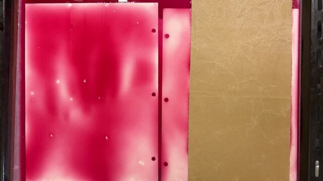 Natural paper dyeing process for junk journals and scrapbooking. DIY craft method shows sheets of paper being dipped into a container with red and pink vegetable dye to create a unique vintage texture