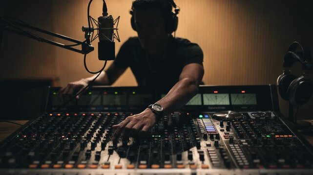Shot centered on a radio mixing console with a DJs silhouette adjusting levels background featuring outoffocus mic and headphones highlighting the dynamic studio setup.