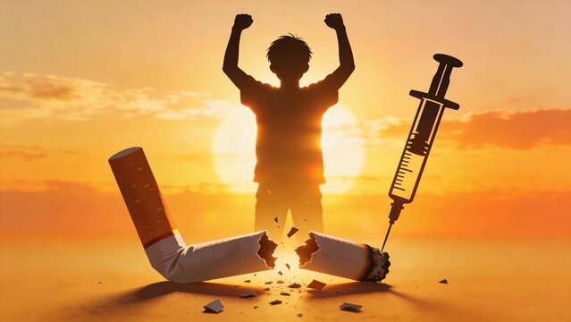 Silhouette of victorious person raising arms at sunset beside syringe, symbolizing overcoming addiction, drug recovery, rehabilitation success, mental strength, and hope for a healthier future.