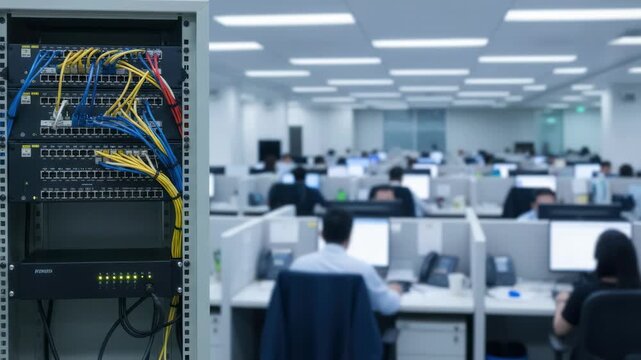 Medium shot showcasing a small telecom rack inside a bustling call center with a patch panel and modem sharply in focus and blurred workstations in the background.