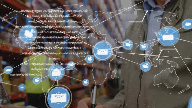 Animation of data dn network of connections over caucasian man working in warehouse