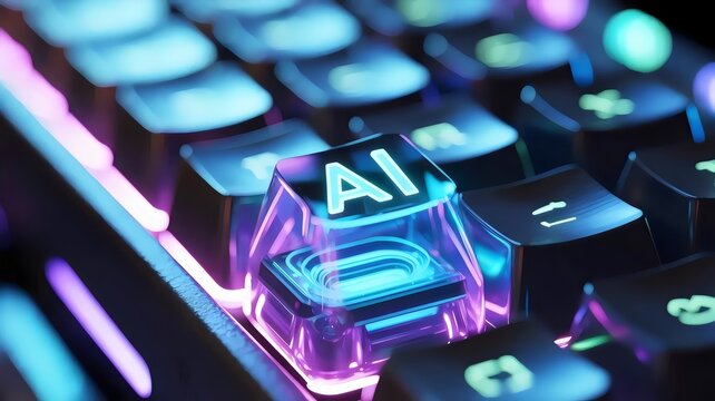 Illuminated AI keycap on premium keyboard with neon bokeh &ndash; Great for software development, futuristic tech, or pc gaming.