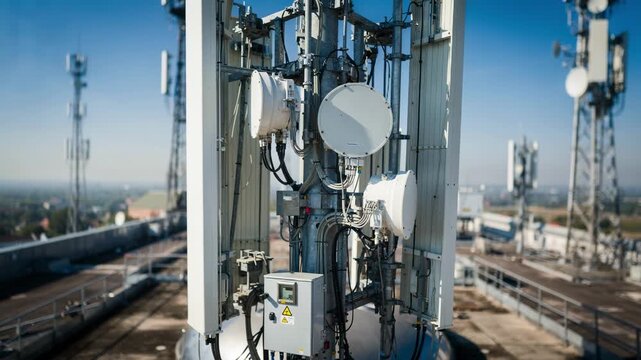 Sunny daytime drone inspection of a complex antenna array focusing on signal receivers with blurred tower structures around.