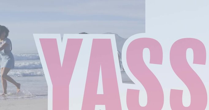Animation of shapes and yass text over african american family at beach