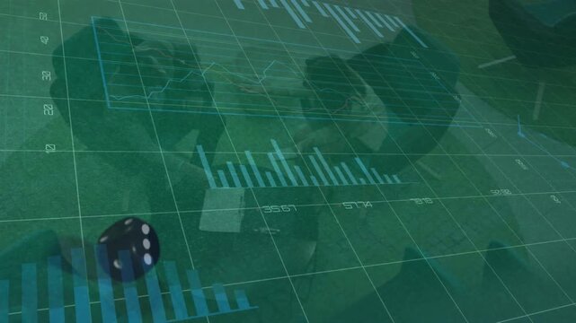 Animation of data processing and diverse business people over dice