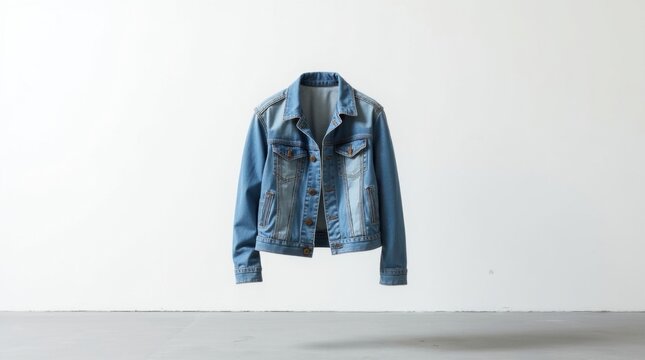 Chaqueta vaquera de color azul deste&ntilde;ido con sutiles detalles desgastados flotando en el aire