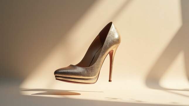 Zapato de tac&oacute;n alto con detalles intrincados y acabado pulido flotando en el aire sobre un fondo limpio