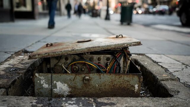 Medium shot of a telecom distribution box embedded in a sidewalk vault highlighting rust and wear in sharp focus with blurred pedestrians and cityscape background.