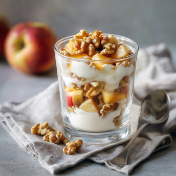 Apple walnut yogurt parfait with diced apples, crunchy walnuts, and honey layered in creamy yogurt
