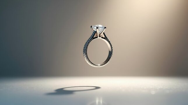 Anillo de compromiso de diamantes de lujo flotando en el aire
