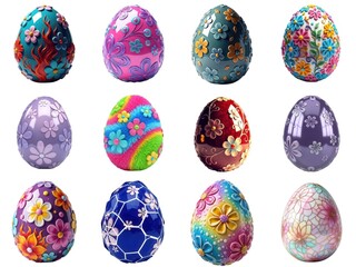 Colorful decorative Easter eggs with floral designs on a white background
