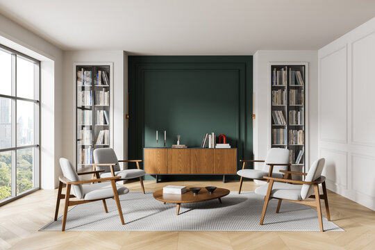 Modern interior living room with midcentury furniture, wooden elements, large windows and built-in bookshelves in elegant architecture.. 3D Rendering
