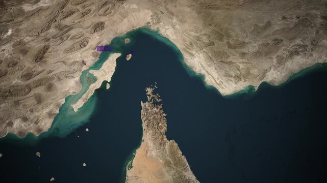 High quality zoom in animation of Strait of Hormuz between Iran and UAE with world map in background