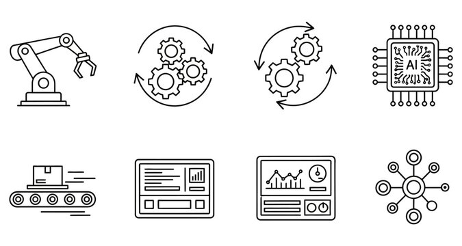 Line art illustration depicting automation artificial intelligence and industrial systems