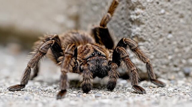 Closeup of a large hairy tarantula spider on gravel near a concrete block.