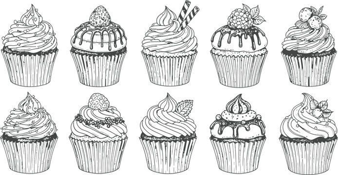 Vector illustration of assorted cupcakes with creative frosting designs