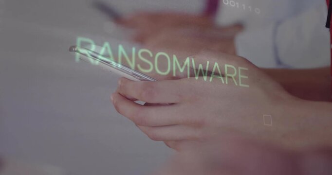 Team tapping phones after RAA appearing, shifting text to RANSOMWARE circuit pulses building alert