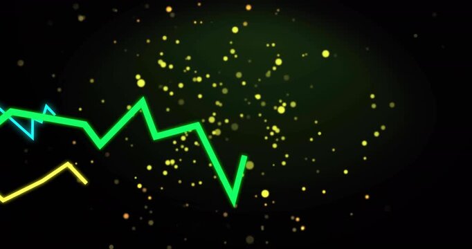 Three neon zigzag lines entering left, tracing jagged peaks while pulsing dots, visualizing data