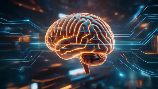 A glowing digital brain floats amidst vibrant circuit board lines in a dark futuristic laboratory setting.