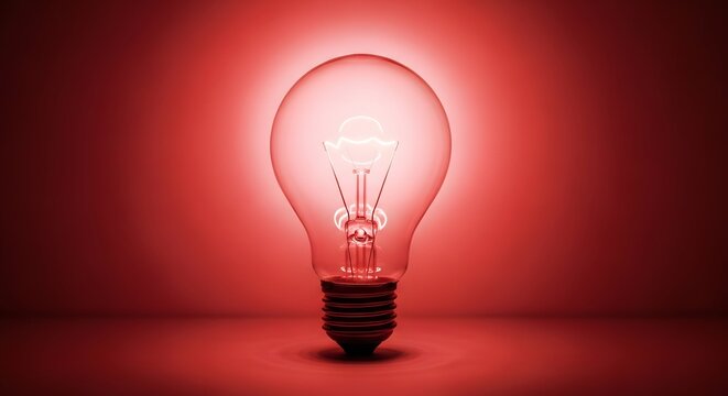 A glowing red light bulb on a dark background with a warm ambiance and a sense of innovation