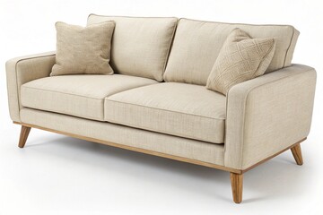 Fototapeta premium Modern beige sofa with pillows isolated PNG, contemporary couch furniture on transparent background