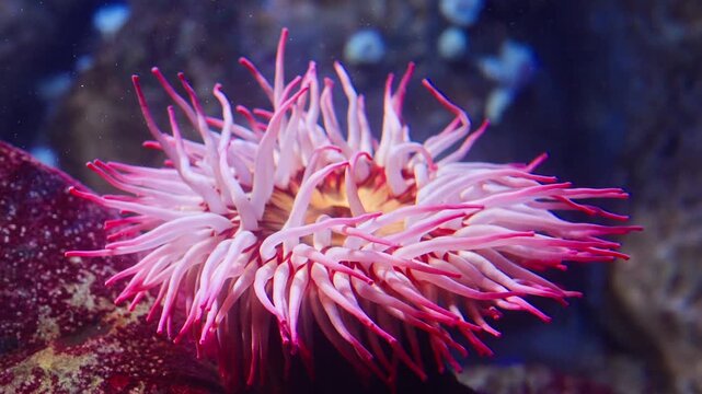 Close-Up Pink Sea Anemone With Flowing Tentacles On Rocky Ocean Floor Underwater Macro