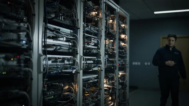 Medium angle of tall racks packed with layered transmitters and modulators dim ambient lighting emphasizing intricate network cabling and hardware details.
