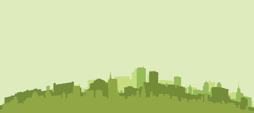 Green panoramic poster of the city skyline with solid background buildings on a hilly terrain of ZAGREB, CROATIA