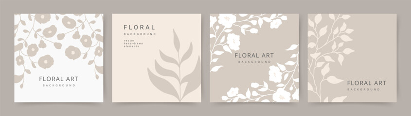 Floral backgrounds in neutral pastel beige tones. Minimal vector illustration for banner, poster, card, social media, graphic and web design, advertising