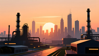 Obraz premium Industrial park silhouette at sunset background