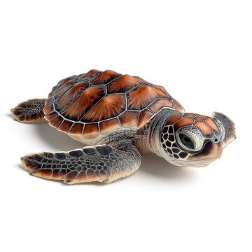 A close-up of a sea turtle on a white background