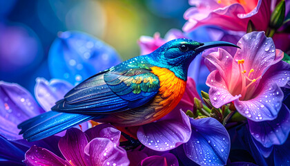 Obraz premium Colorful sunbird perching on vibrant wet flowers