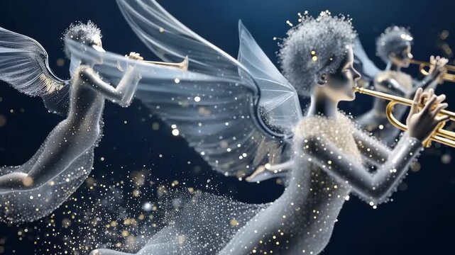 Silver angels playing trumpets against a dark blue background during a festive event or celebration